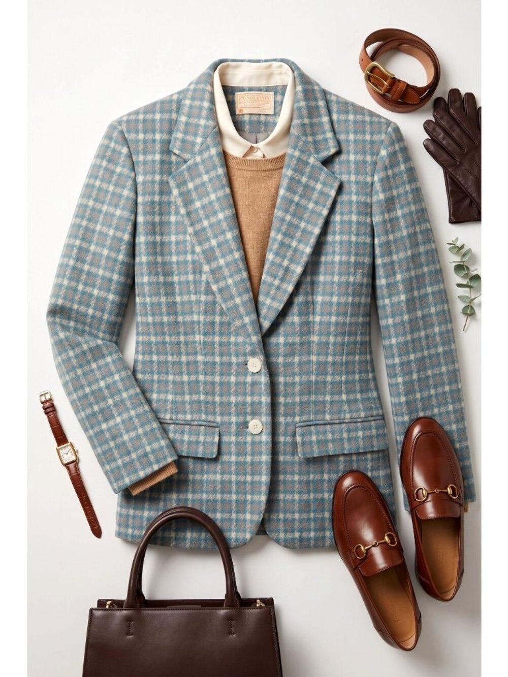 Vintage Pendleton USA Virgin Wool Plaid Blazer Turquoise Cream Womens 6 EUC - Picture 5 of 8